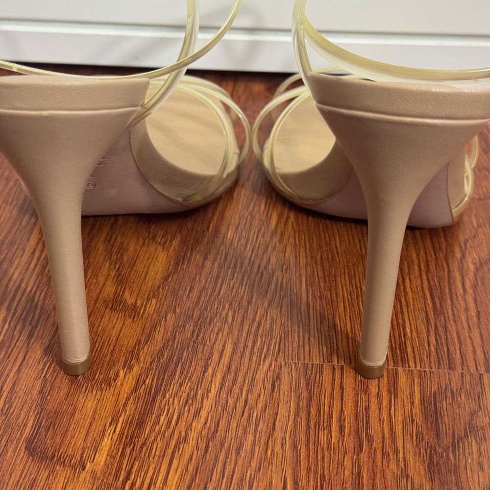 Schutz Strappy Sandal Heels 8B Clear PVC Nude Leather Stiletto Neutral Formal - Picture 6 of 9